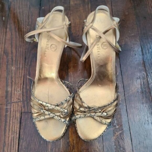 COLE Haan Bronze Black Metallic Strappy High Heels - Picture 3 of 12